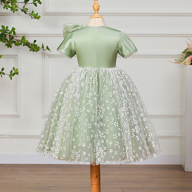Toddler Prom Dress Little Girl Printing Bow Mesh Pattern Communion Birthday Party Dress