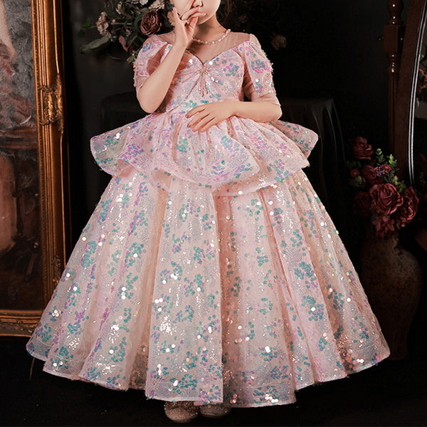 Flower Girl Dress Children Communion Pink Sequins Puffy Princess Pageant Dress