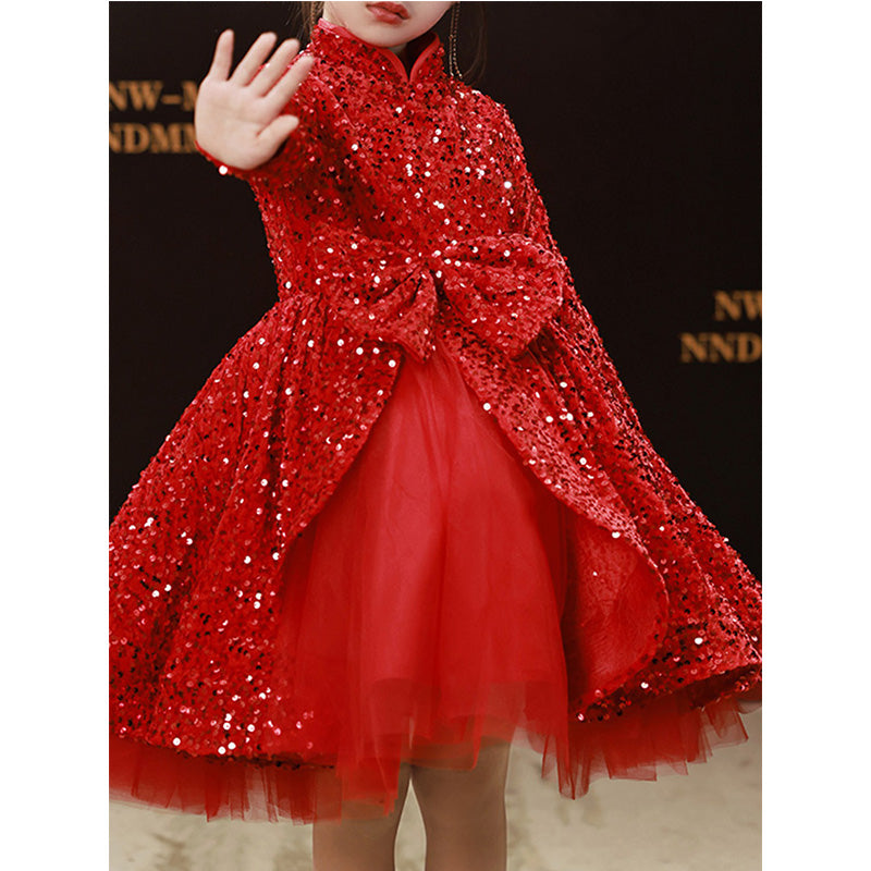 Toddler Girl Winter Red Sequin Bow Fluffy Princess Dress