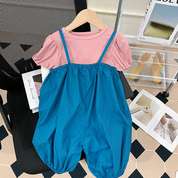 Cute Baby Girl Solid Color Short-sleeved Loose Suspenders Wide-leg Pants Two-piece Set