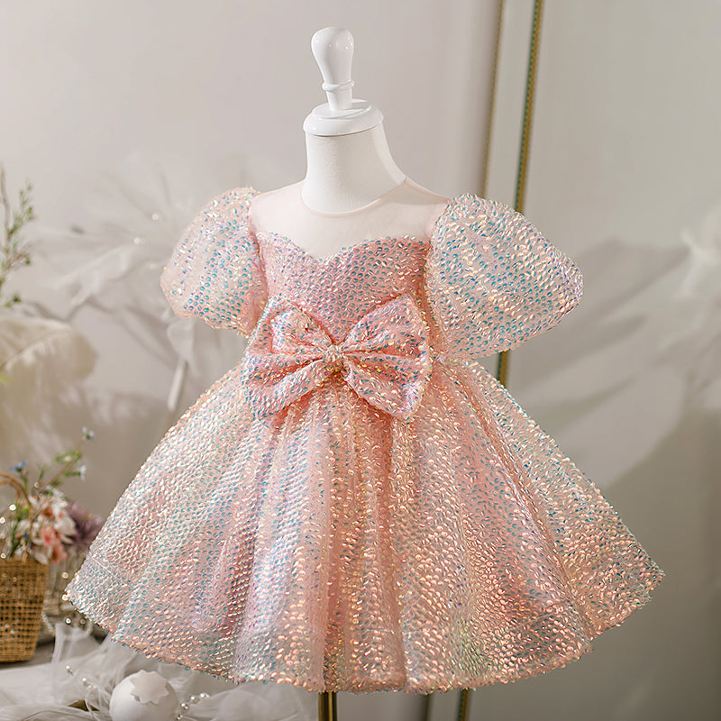 Baby Girl Dress Toddler Prom Puff Sleeves Bow Sequins Birthday Cake Princess Dress