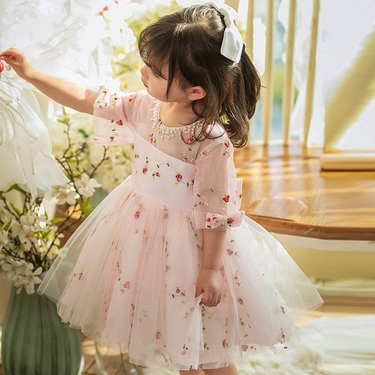 Toddler Dress Girl Summer Pink Flower Communion Printing Cute Princess Dress