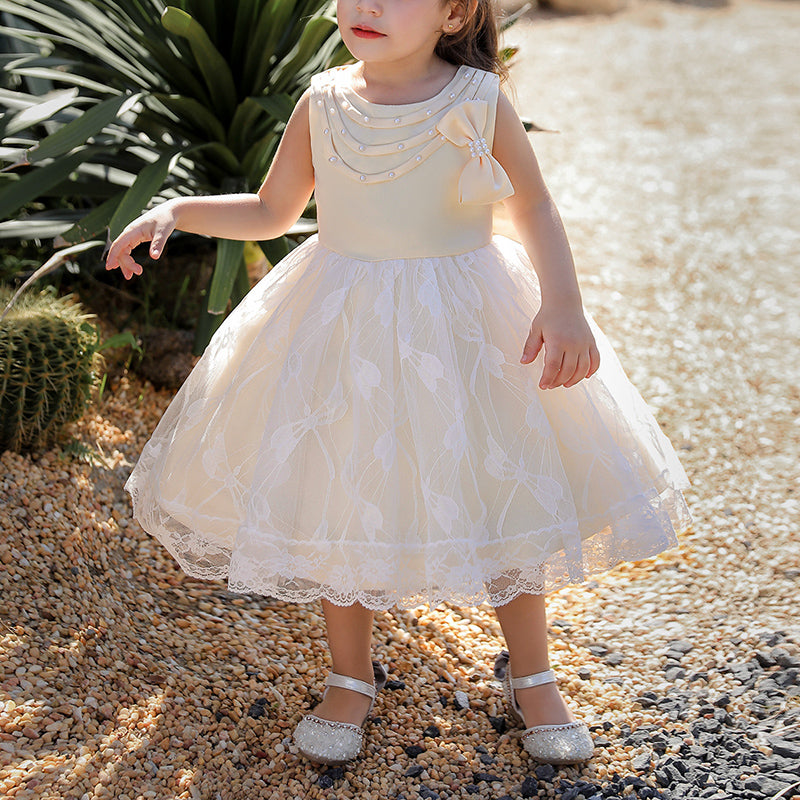 Baby Girl First Communion Dress Toddler Flower Beaded Bow Mesh Puffy Princess Dress