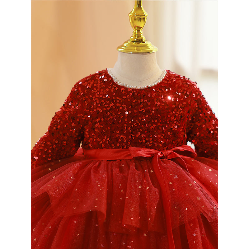 Girl Christmas Dress Baby Girl Dress Toddler Prom Dress Princess Red Sequin Long Sleeve Puffy Dress
