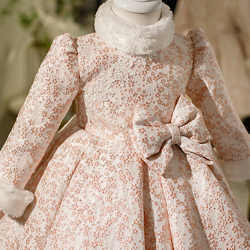 Girl Christmas Dress Toddler Prom Dress Baby Girl Fall Stand Collar Bowknot Long Sleeve Princess Party Dress