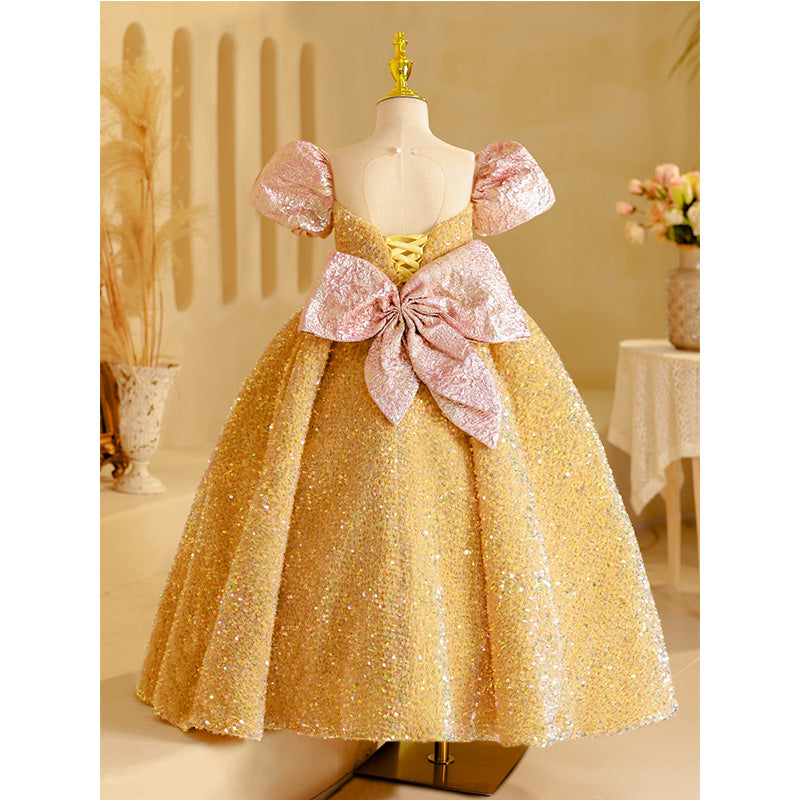 Flower Girl Dress Children Bow Sequins Beauty Pageant Princess Dress