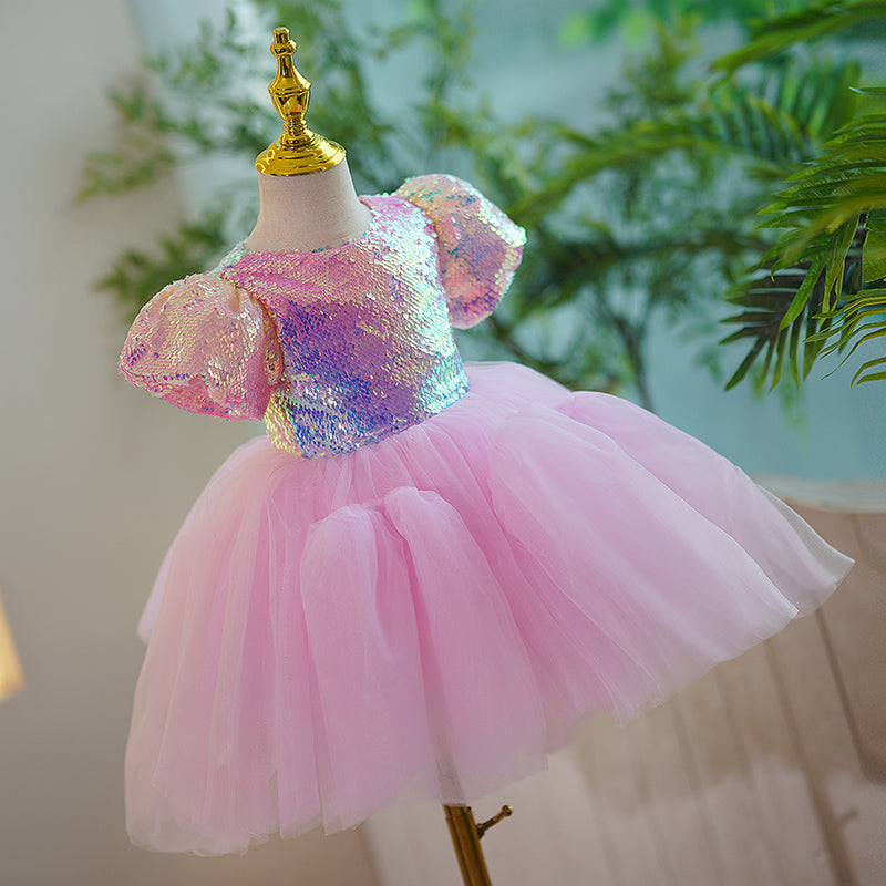 Baby Girl and Toddler Birthday Party Dress Sequin Puffy Puff Sleeve Princess Dress