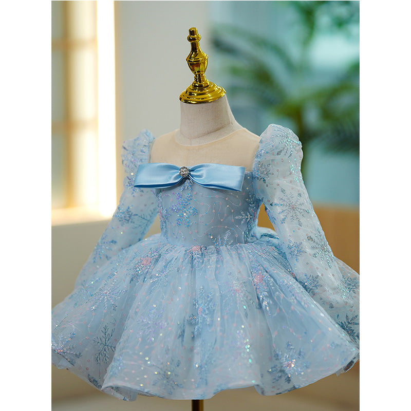 Flower Girl Dress Toddler Summer Long Sleeve Sequin Snowflake Fluffy Birthday Party Dress