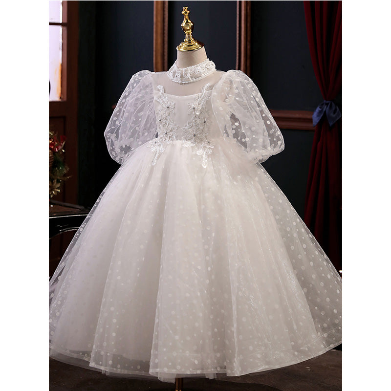 Flower Girl Dress Children First Communion White Princess Dress Long Sleeves Fluffy Pageant Dress