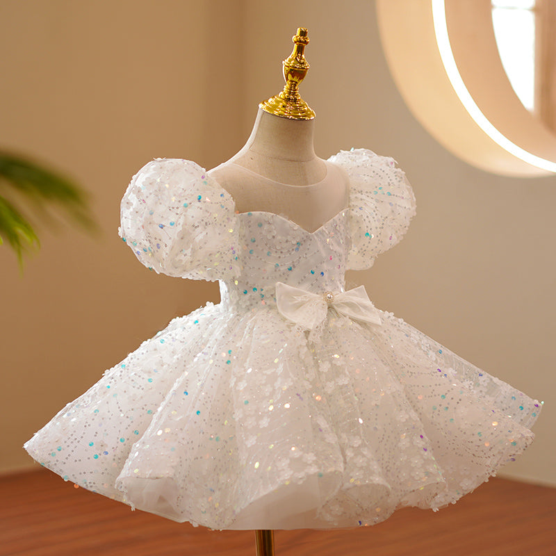 Baby Girl Formal Princess Dress Girl Summer White Puff Sleeve Sequin Birthday Party Dress