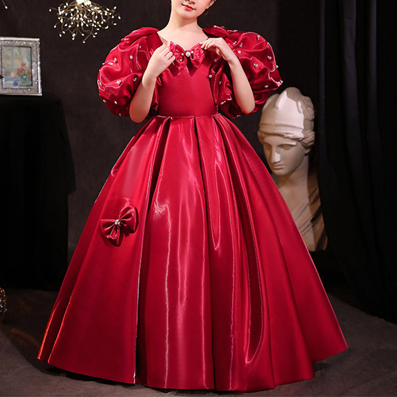 Flower Girl Dress Children Princess Communion Red Bowknot Beads Fluffy Dress, Red / 4-5 Years (120cm) Flower Girl Dress Children Princess Communion Red Bowknot Beads Fluffy Dress, Red / 4-5 Years (120cm)