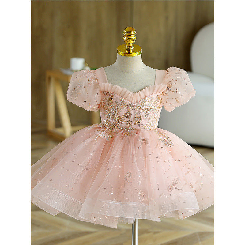 Baby Girl Princess Dress Elegant Pink Mesh Sequins Pageant Party Dress