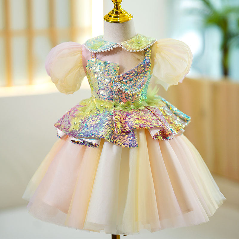 Baby Girl Ball Gowns Toddler Summer Sequin Doll Neck Puffy Puff Sleeves Princess Dress
