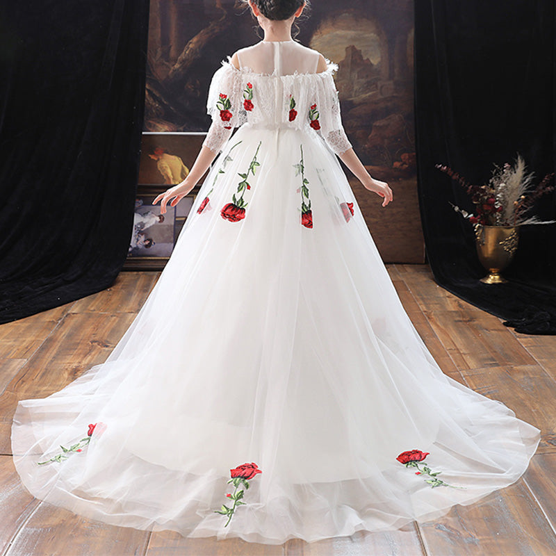 Flower Girl Dress Children White Wedding Floral Trail Gorgeous Party Princess Dress