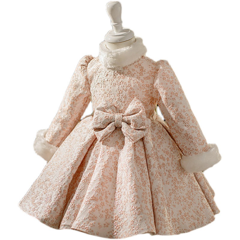 Girl Christmas Dress Toddler Prom Dress Baby Girl Fall Stand Collar Bowknot Long Sleeve Princess Party Dress