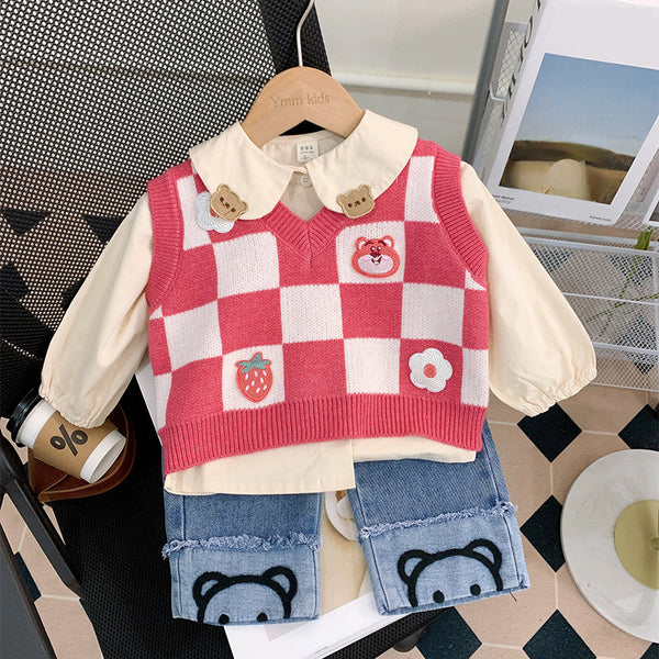 Sweet Baby Girl Doll Collar Red and White Plaid Bear Jeans Suit