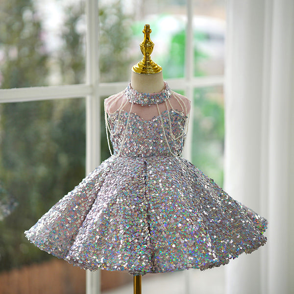 Cute Baby Girls Sleeveless Sequin Pleated Princess Dress Toddler Evening Gown