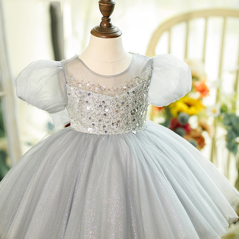 Baby Girl Dress Toddler Prom Puff Sleeves Summer Gray Sequined Puffy Princess Dress