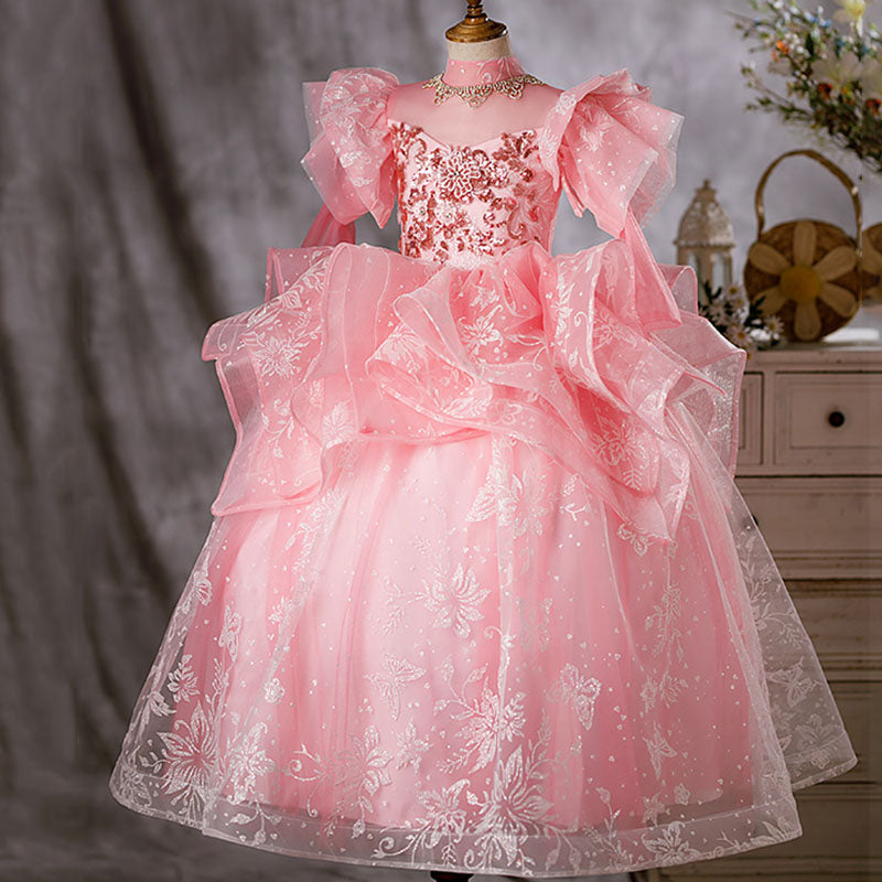 Toddler Communion Dress Girl Birthday Party Pink Gorgeous Fluffy Long  Pageant Dress