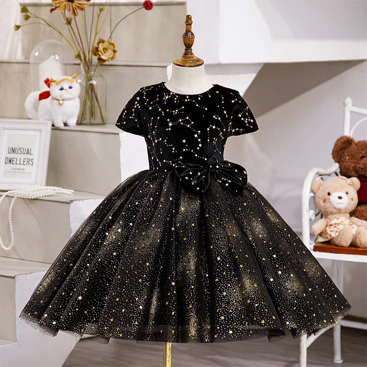 Baby Girl Communion Dress Toddler Princess Black Stars Sequins Puffy Dress