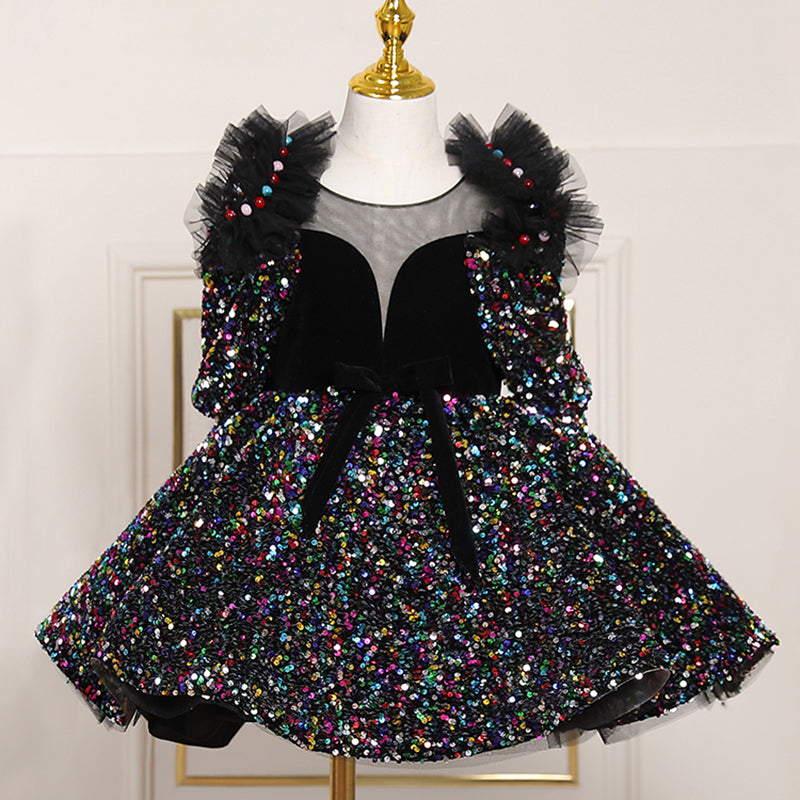 Toddler Ball Gowns Girl Party Summer Black Cute Sequins Princess Dress