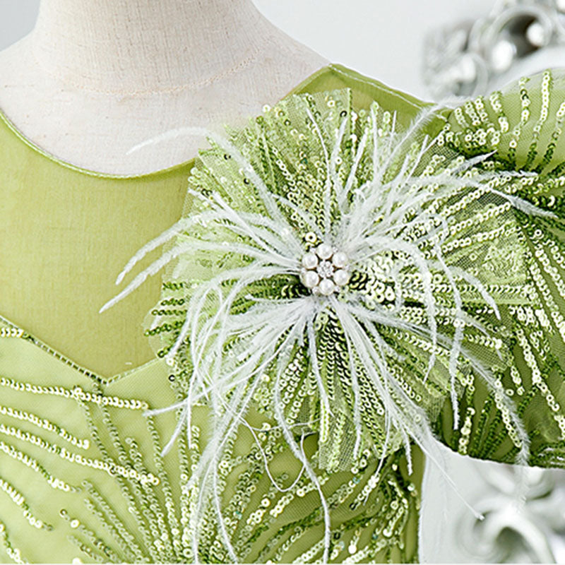 Flower Girl Dress Children Communion Light Green Sequined Puff Sleeves Princess Dress