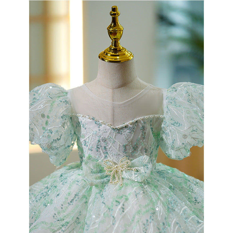 Toddler Ball Gowns Girl Pageant Princess Green Sequin Puff Sleeve Communion Dress