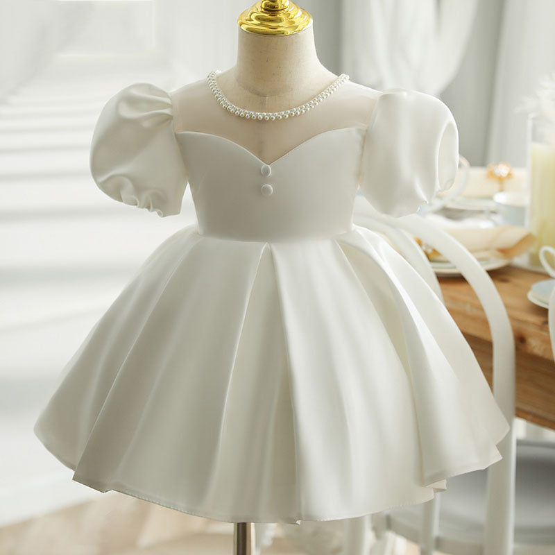 First Communion Dress Baby Girl White Textured Beaded Neck Puffy Christening Dress Toddler Prom Dress