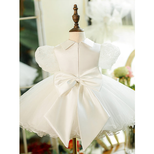 Baby Girl Dress Toddler Whit Puff Sleeve Textured Beaded Fluffy Christening Dress