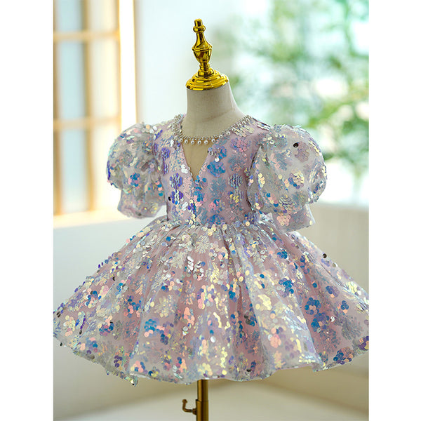 Toddler Ball Gowns Flower Girl Summer Pink Beaded Sequin Puffy Princess Dress