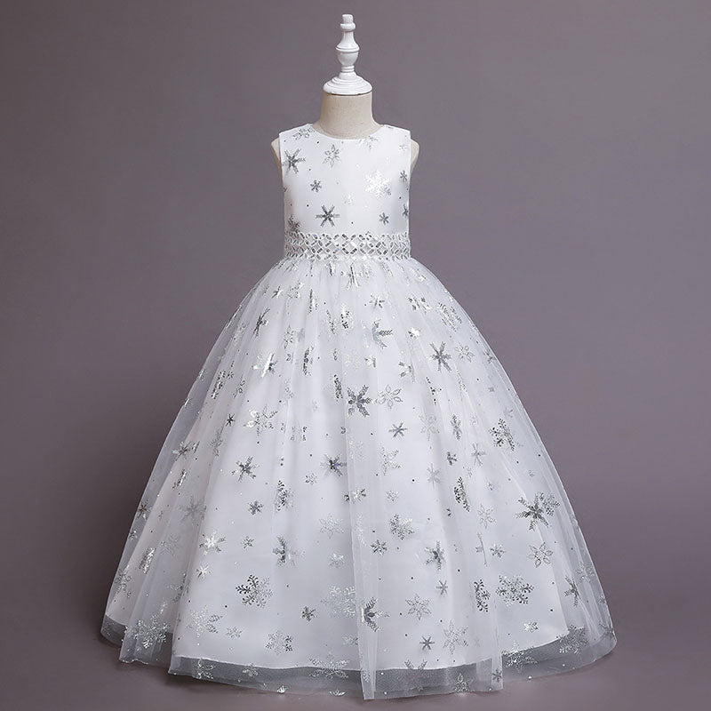 Flower Girl Dress Children Summer Pageant Dress Snowflake Print Sleeveless Princess Dress