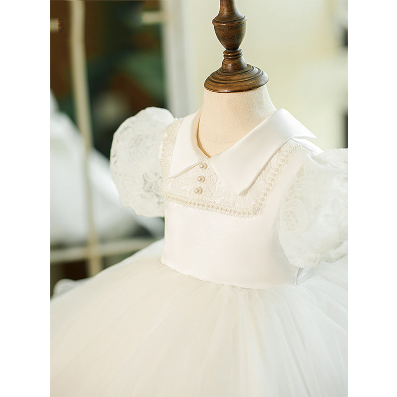 Baby Girl Dress Toddler Whit Puff Sleeve Textured Beaded Fluffy Christening Dress