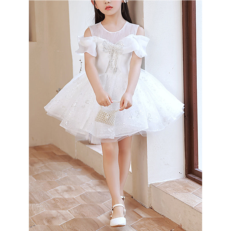 Little Girl Dress Toddler Ball Gowns White Sequins Bow Strapless Princess Baptism Dress