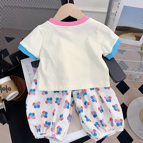 Cute Baby Girl Floral Short-sleeved Shirt and Pants Two-piece Set