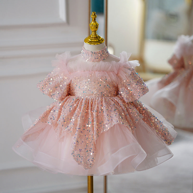 Toddler Prom Dress Girl Summer Pink Birthday Party Net Yarn Sequin Puffy Dress