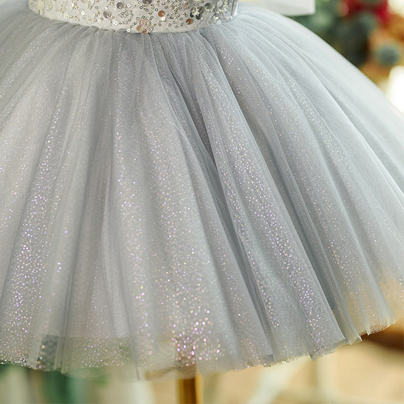 Baby Girl Dress Toddler Prom Puff Sleeves Summer Gray Sequined Puffy Princess Dress