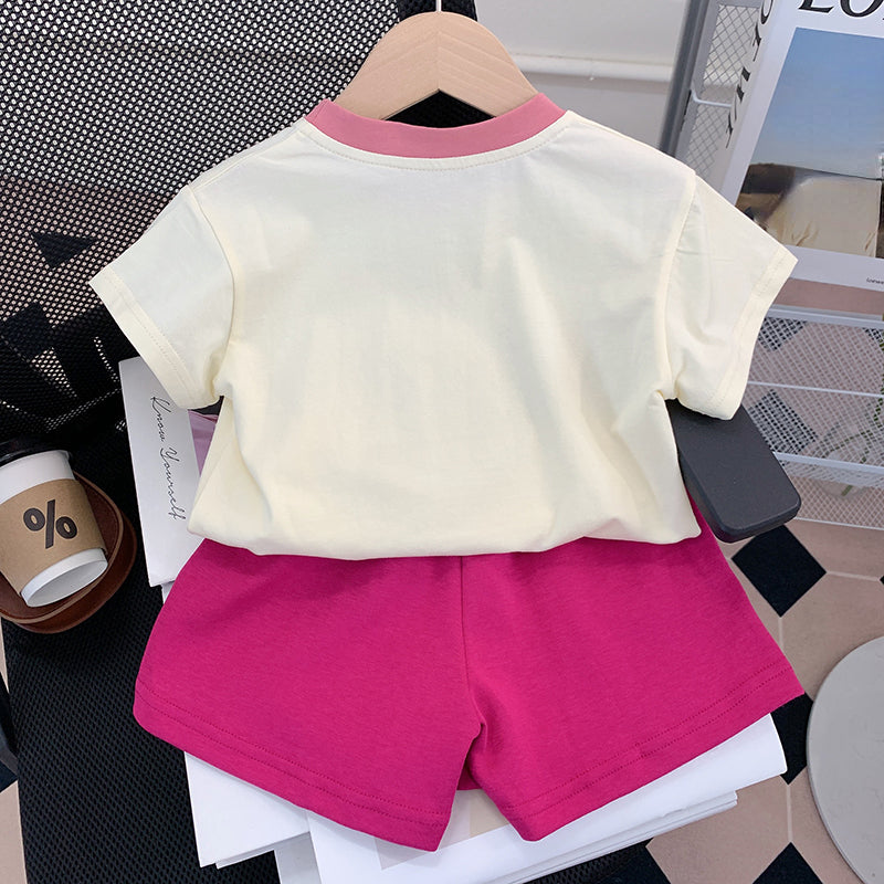 Cute Baby Girl Round Neck Short Sleeve Rose Red Two-piece Set