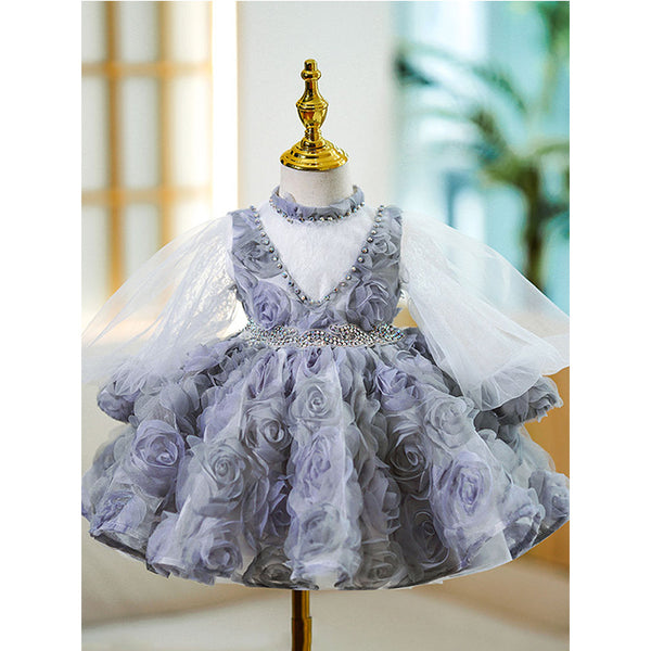 Baby Girl First Communion Dress Flower Girl Princess Dress Rose Beaded Mesh Fluffy  Dress