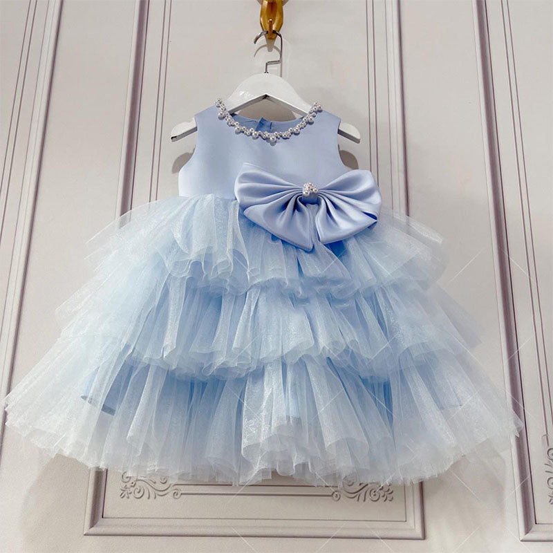 Baby Girl Ball Gowns Girl Blue Sleeveless Cake Flower Birthday Party Dress