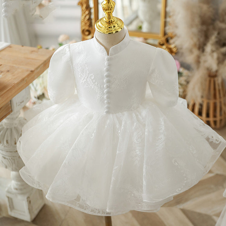 Baby Girl Summer White Back Bow Lace Fluffy Christening Princess Dress
