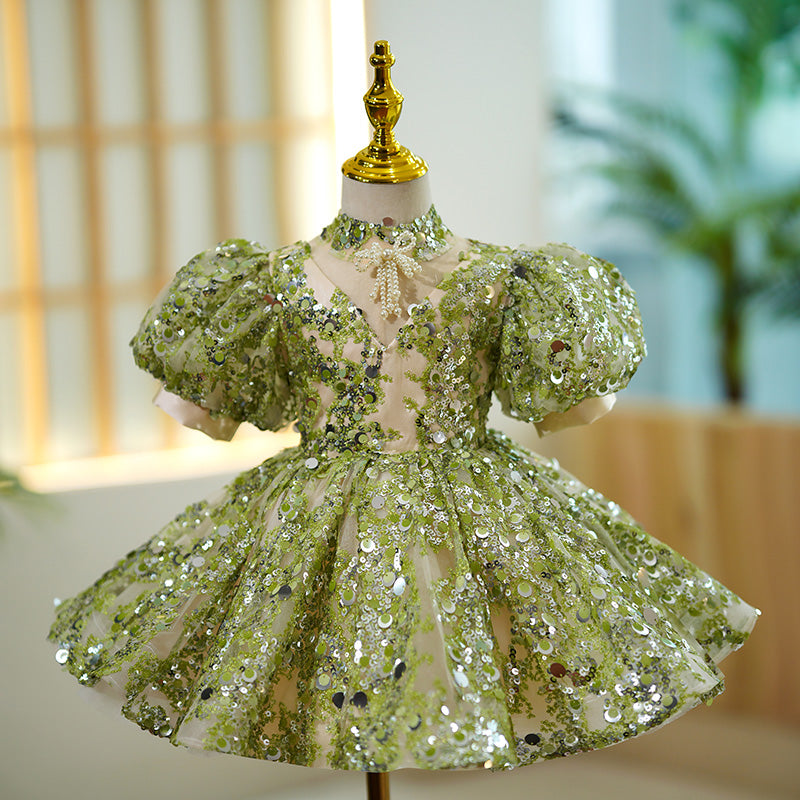 Baby Girl Summer Green Puff Sleeve Sequin Birthday Party Princess