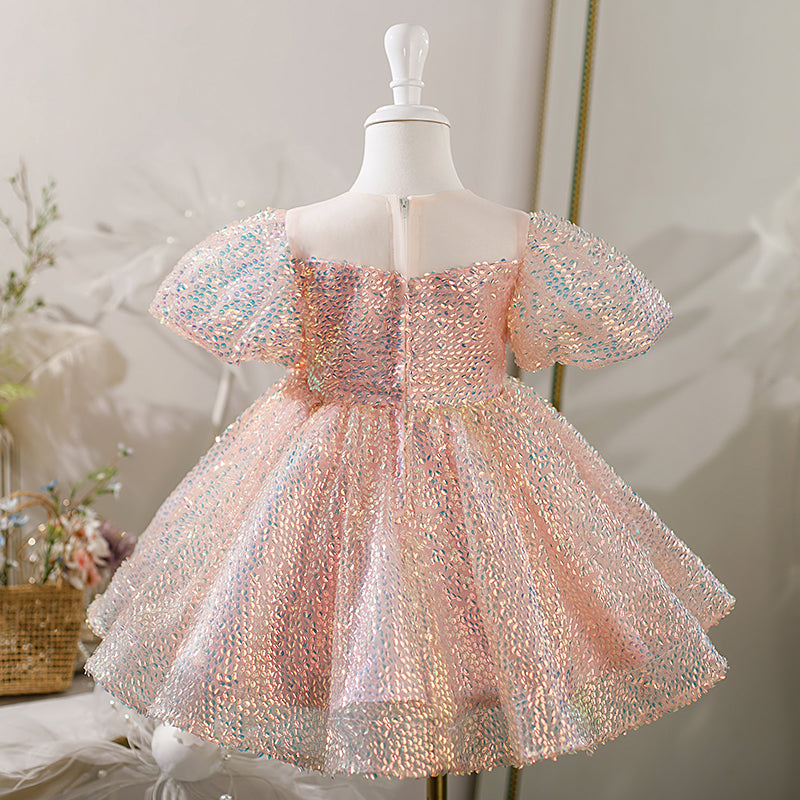 Baby Girl Dress Toddler Prom Puff Sleeves Bow Sequins Birthday Cake Princess Dress