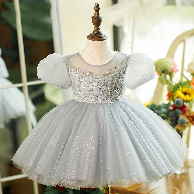 Baby Girl Dress Toddler Prom Puff Sleeves Summer Gray Sequined Puffy Princess Dress