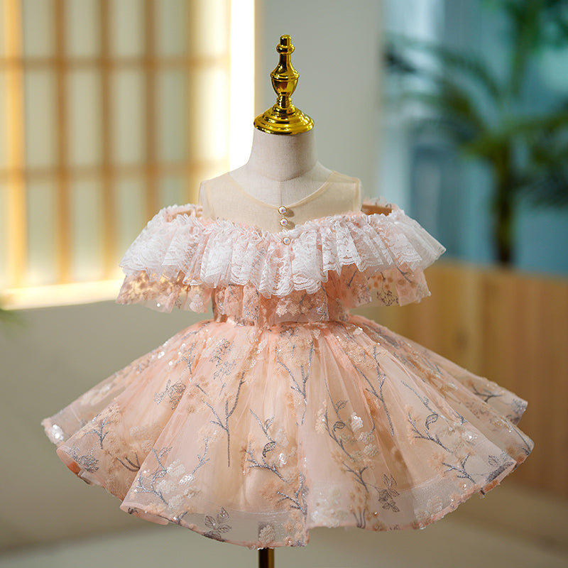 Flower Girl Dress Toddler Summer Off-Shoulder Lace Puffy Birthday Party Princess Dress, Champagne / 4-5 Years (120cm) Flower Girl Dress Toddler Summer Off-Shoulder Lace Puffy Birthday Party Princess Dress, Champagne / 4-5 Years (120cm)