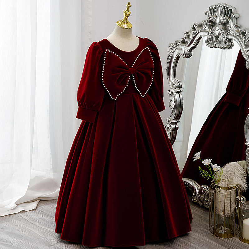 Flower Girl Dress Children Communion Elegant Red Velvet Bow Knot Long Sleeve Princess Dress