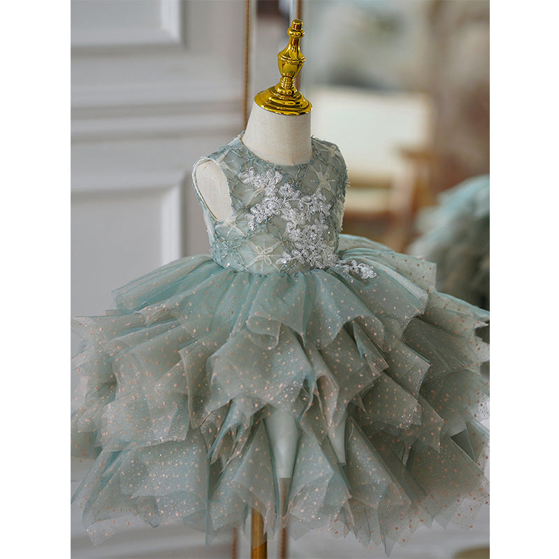 Girl Prom Dress Toddler Summer Green Sleeveless Sequin Cake Princess Dress