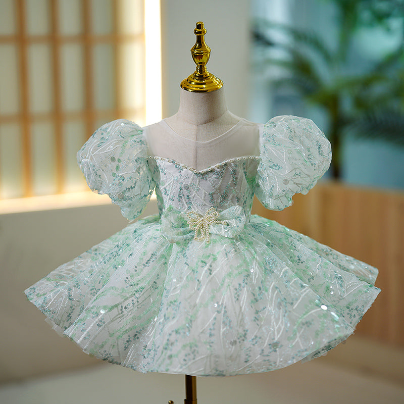 Toddler Ball Gowns Girl Pageant Princess Green Sequin Puff Sleeve Communion Dress