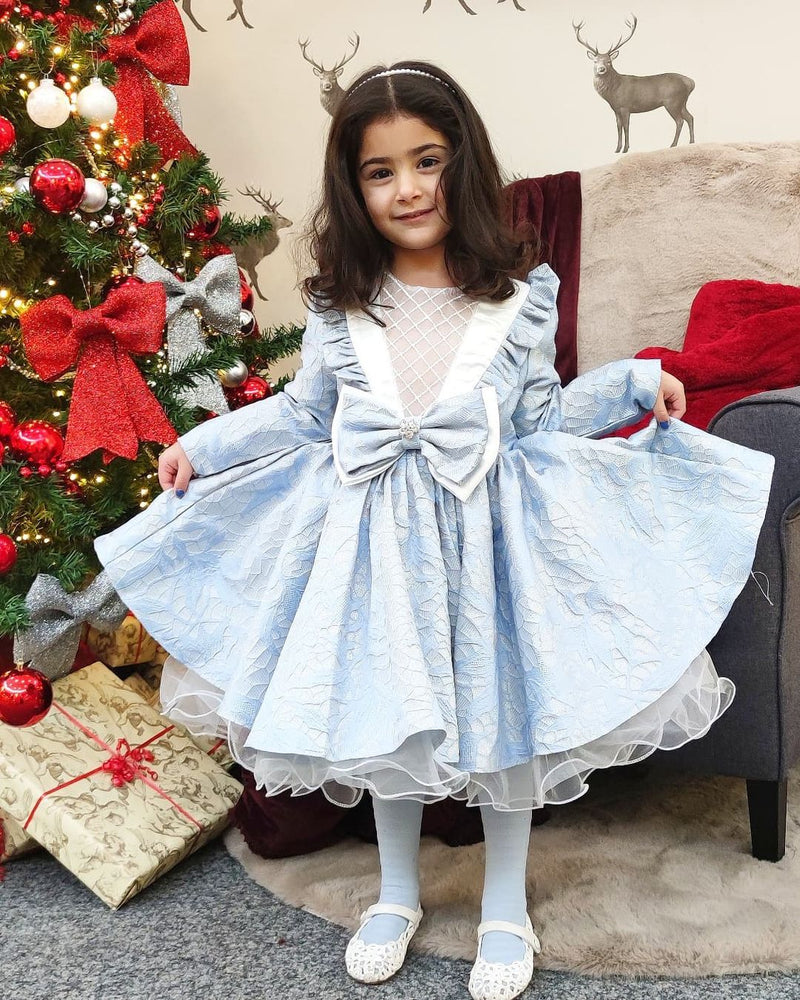 Baby Girl Princess Dress Girl Blue Long Sleeve Bow Knot Fluffy Formal Dresses