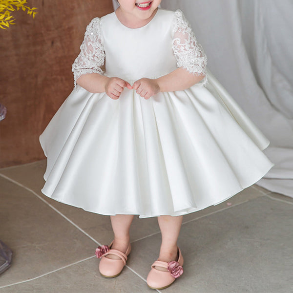 Baby Girl and Toddler White Lace Sleeve Puffed Christening Dress