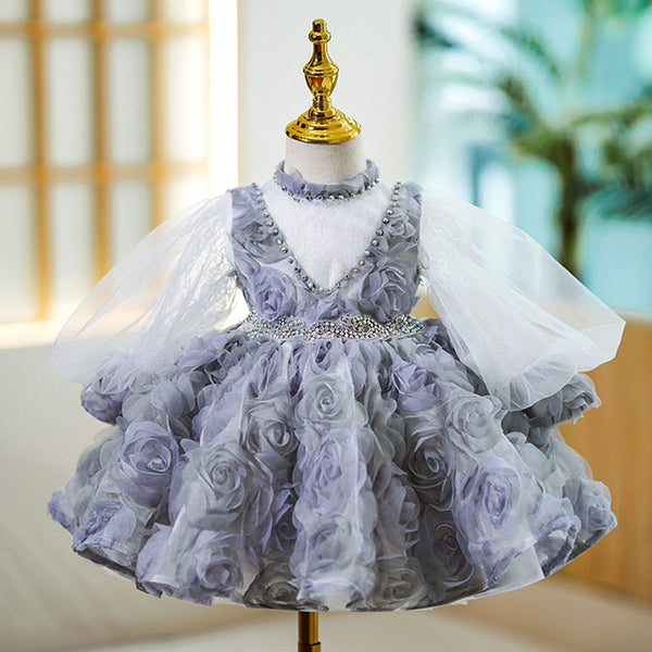 Baby Girl First Communion Dress Flower Girl Princess Dress Rose Beaded Mesh Fluffy  Dress